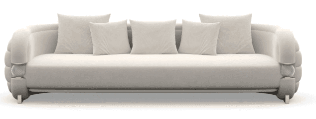 A cream-colored sofa with a curved back and arms. It features five matching throw pillows on the bac… — free GLTF 3D model