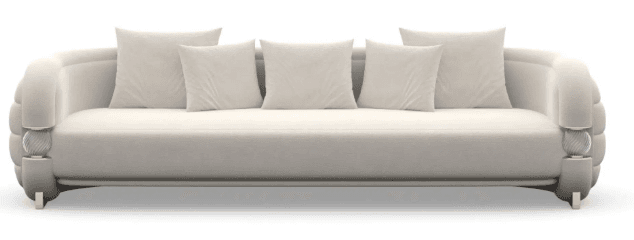 A cream-colored sofa with a curved back and arms. It features five matching throw pillows on the backrest and a plush seat cushion. The arms have a rounded, segmented design with decorative spherical accents made of glass-like material and polished metal trim. The sofa is supported by slender, angled legs. — 3D model