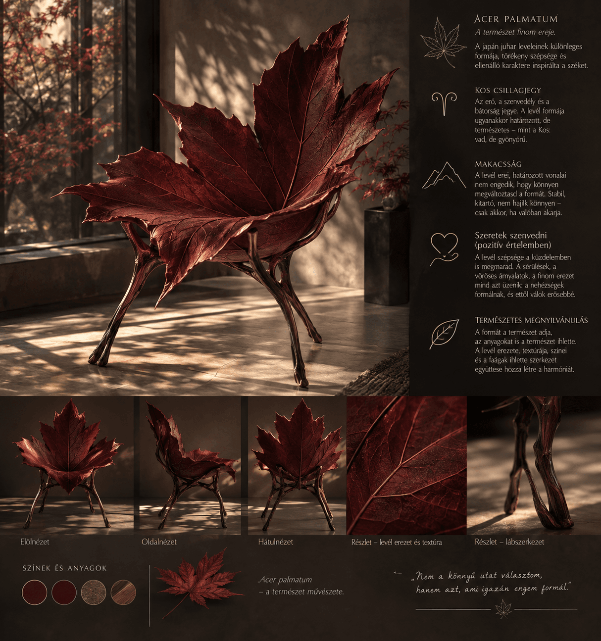 A highly artistic and sculptural lounge chair designed to resemble a large, deep red maple leaf, supported by an organic, branch-like metallic base. — 3D model