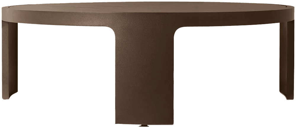 A modern, round coffee table with a matte brown finish. The tabletop has a subtle slatted design, and the base is a solid, T-shaped structure with four legs extending outwards from the top. — 3D model