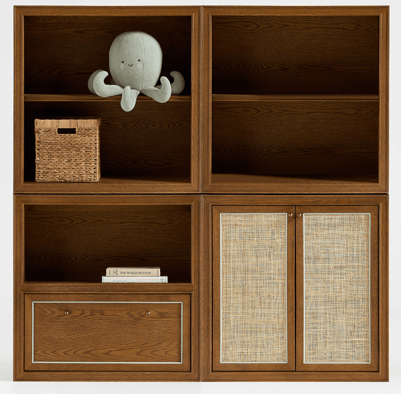 A modern modular storage unit made of medium brown wood, featuring open shelving cubbies in the uppe… — 3D model