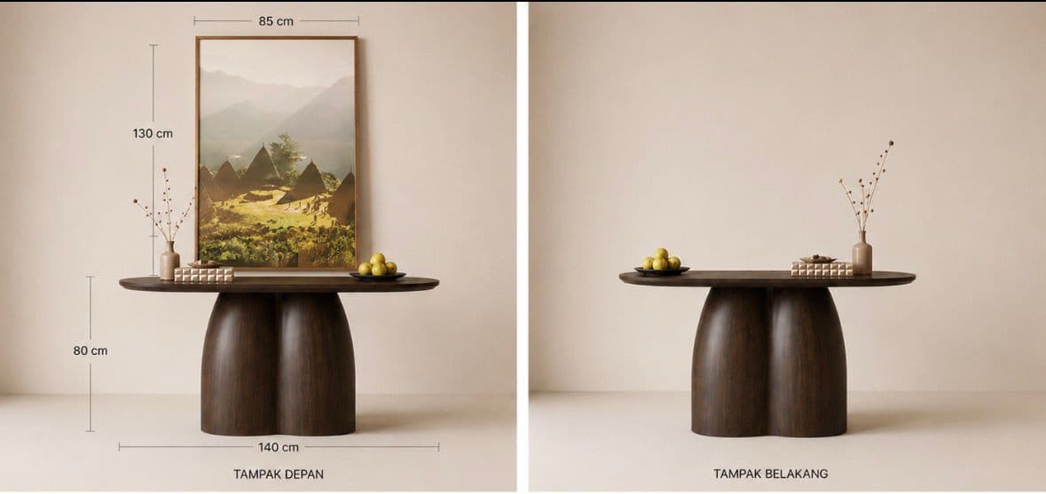A contemporary console table crafted from dark wood, featuring an elongated oval tabletop supported by a unique, sculptural double-column base composed of two integrated, rounded pillars. — 3D model