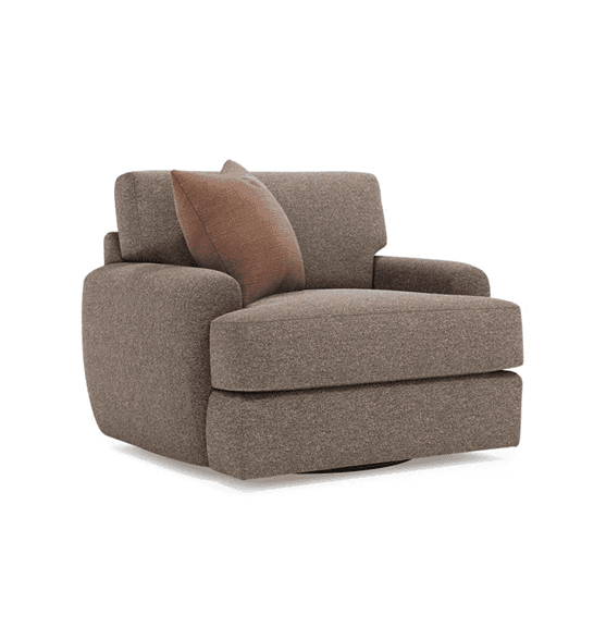 A contemporary, upholstered armchair with a visible circular swivel base, featuring a deep seat, wid… — 3D model