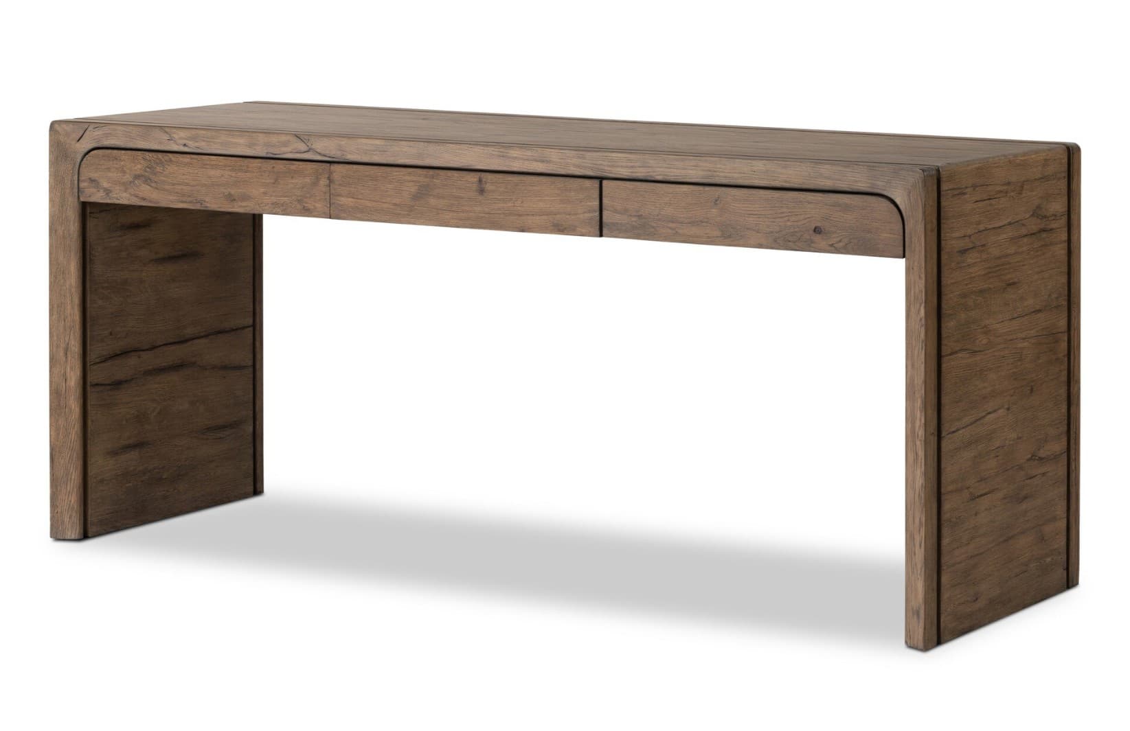 A wooden desk with a smooth, rectangular top and two integrated drawers. The desk has a waterfall design on the sides, where the top surface extends down to form the legs without any seams. The wood grain is prominent, giving it a rustic yet modern aesthetic. It is supported by two solid, flat legs. — 3D model