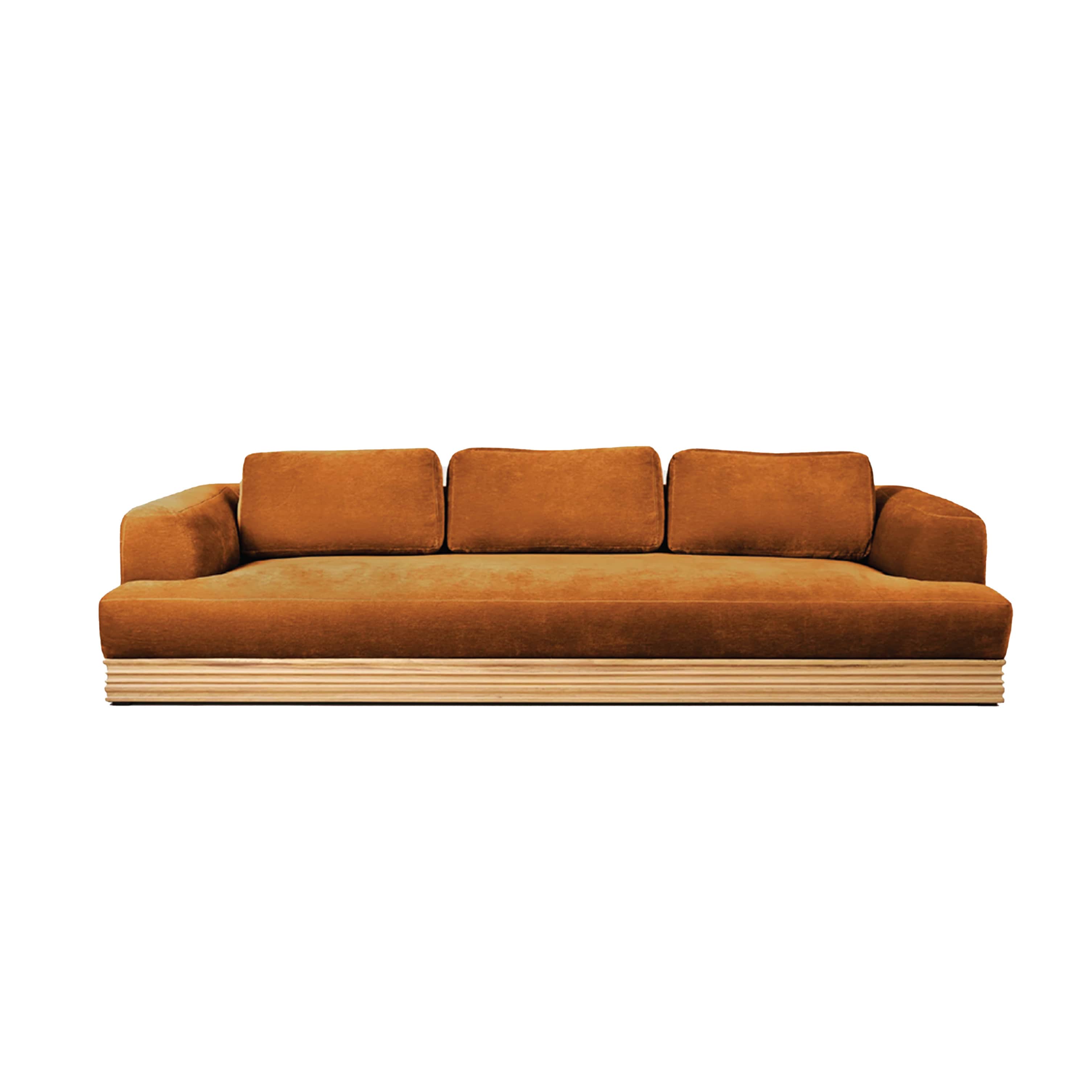 A modern, three-seater sofa with a low profile. The sofa features a plush, upholstered seat and back… — free GLTF 3D model