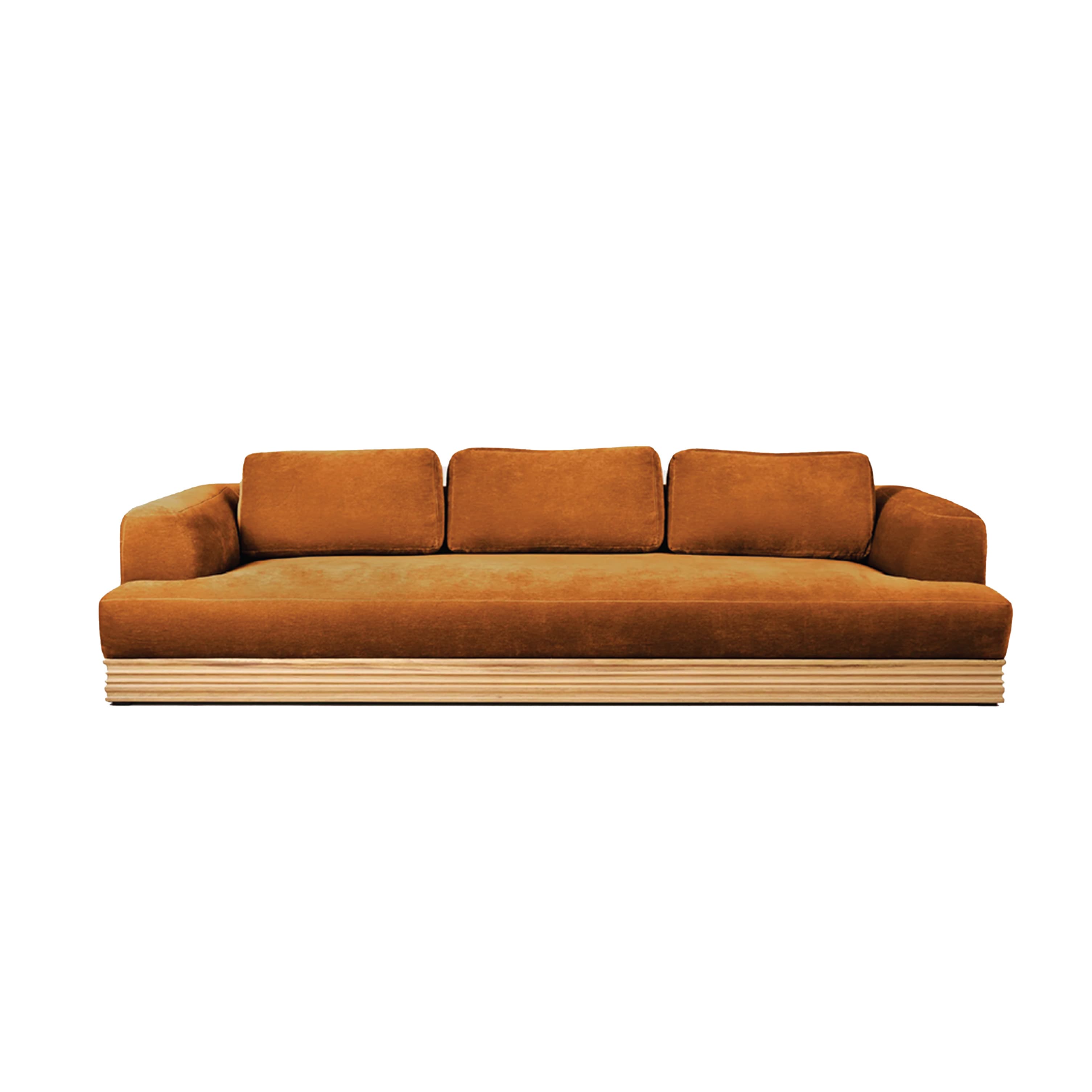 A modern, three-seater sofa with a low profile. The sofa features a plush, upholstered seat and back cushions, with three distinct back cushions. The base of the sofa has a layered, slatted wood design. — 3D model