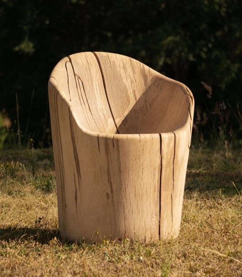 A single accent chair carved from a solid piece of wood. The chair has a rounded, organic shape with a high back that curves inwards to form the seat. The exterior and interior surfaces display the natural grain and texture of the wood, including visible cracks and variations, suggesting a rustic or naturalistic design. It appears to be a low-profile chair with no visible legs, resting directly on the ground. — 3D model