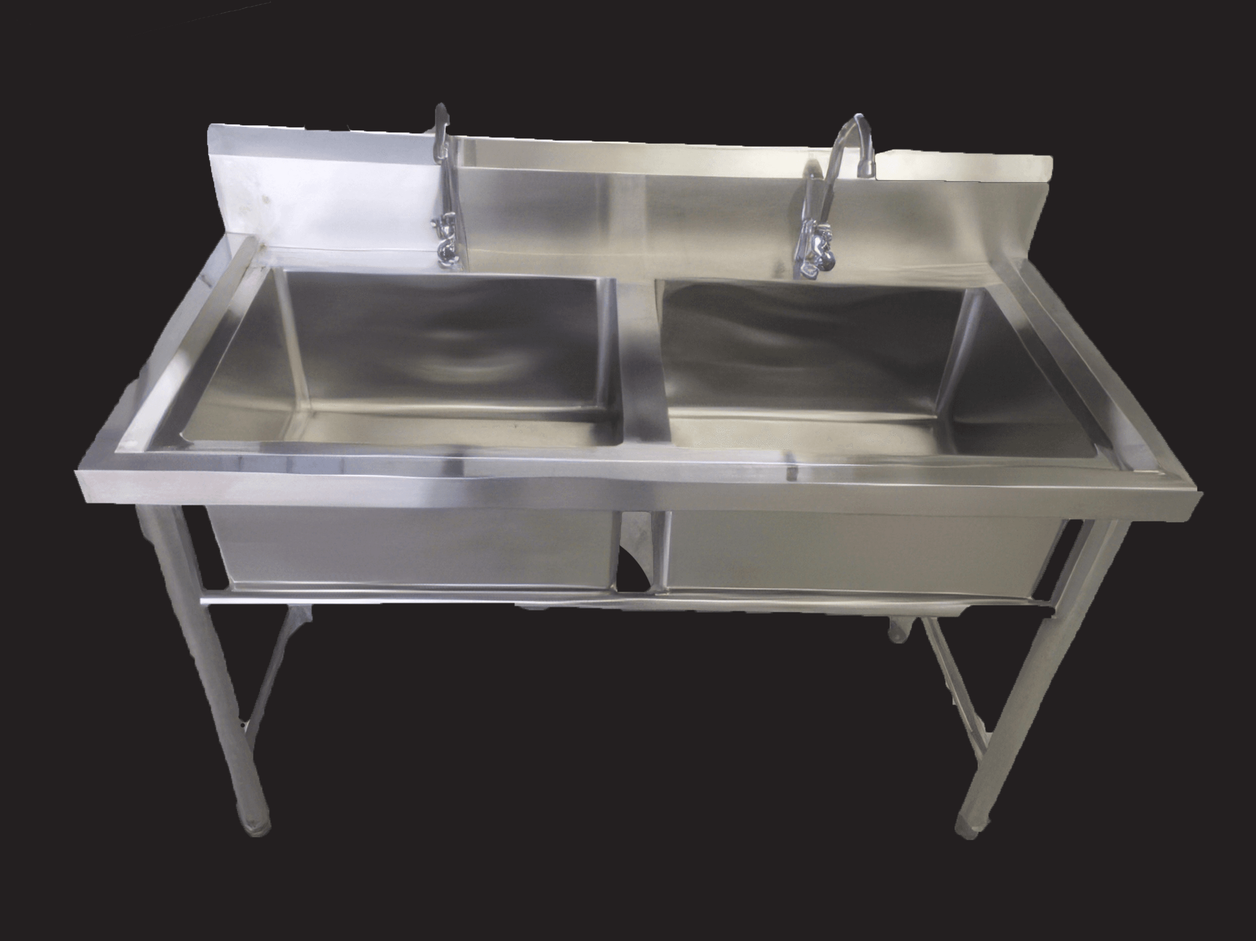 A commercial-grade, freestanding, double-basin sink unit made entirely of polished stainless steel. It features two deep rectangular basins, two gooseneck faucets, and a raised backsplash, all integrated into a sturdy, open-frame stand. — 3D model