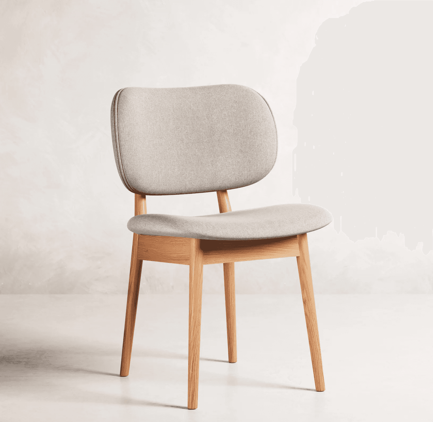 A modern Scandinavian dining chair featuring a light wood frame and light grey upholstered seat and… — 3D model