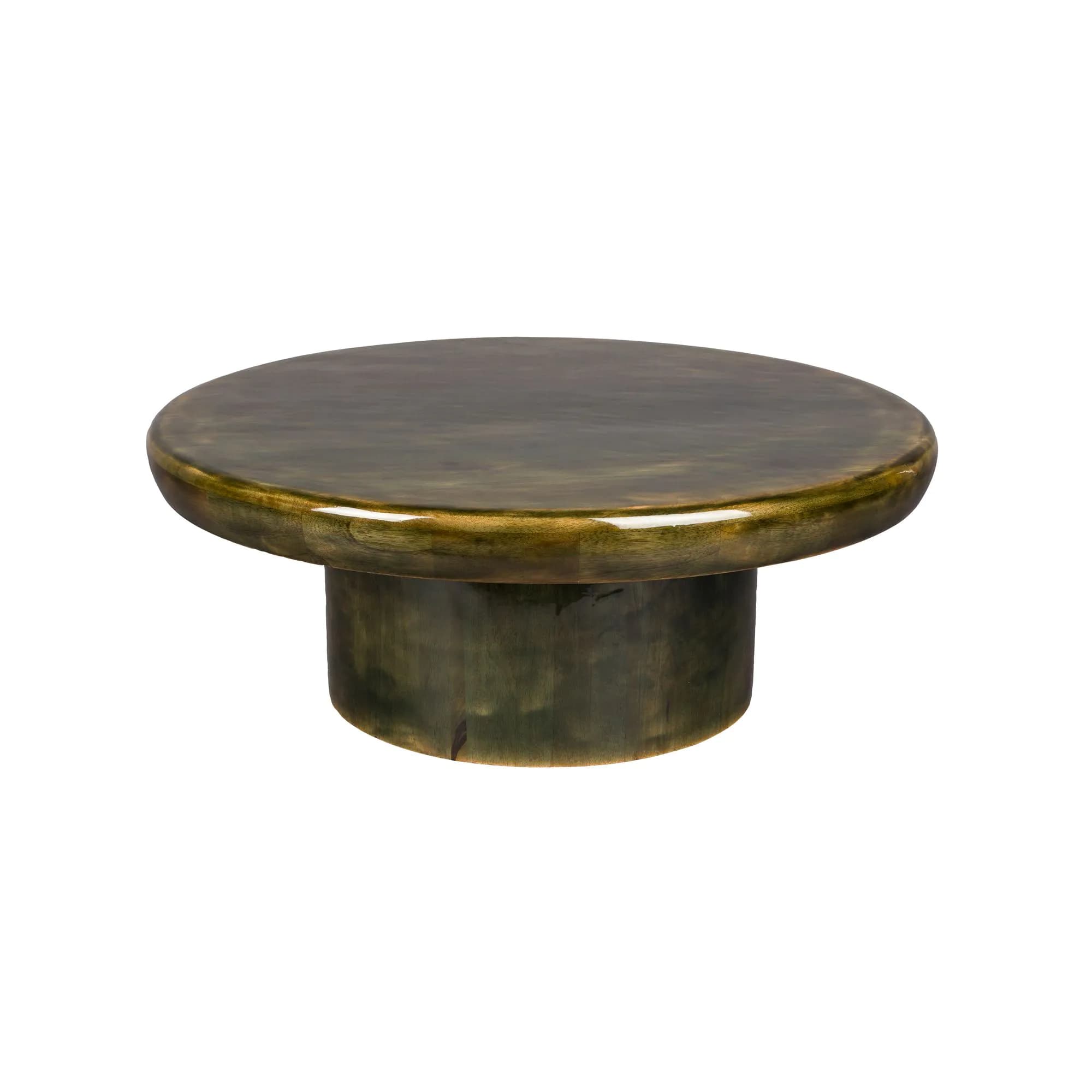 A circular coffee table with a dark green, polished top and a cylindrical base. The material has a marbled pattern. — 3D model