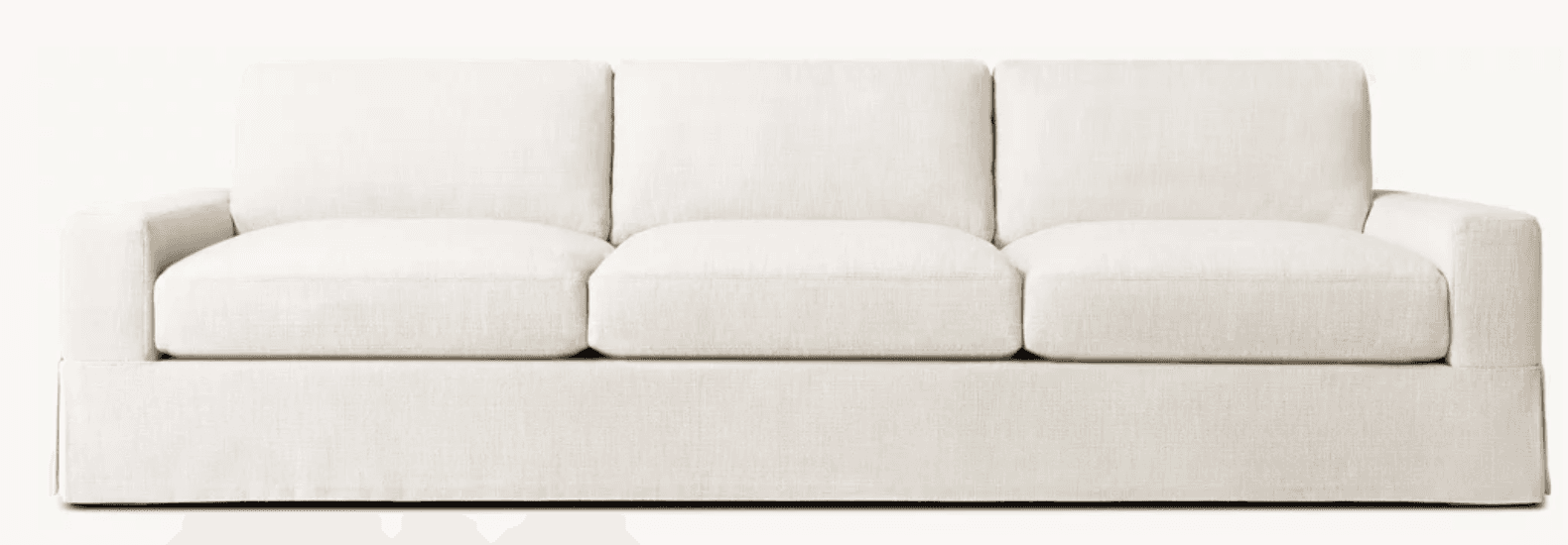 A contemporary three-seater sofa upholstered in a light, off-white fabric with a textured weave. It features three individual seat cushions, three corresponding loose back cushions, and broad, straight track arms. The base of the sofa is skirted, concealing any legs and creating a streamlined, floor-length appearance. — 3D model