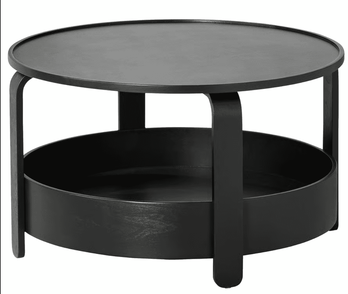 A round, black coffee table featuring a minimalist design with an integrated lower storage shelf. Th… — 3D model