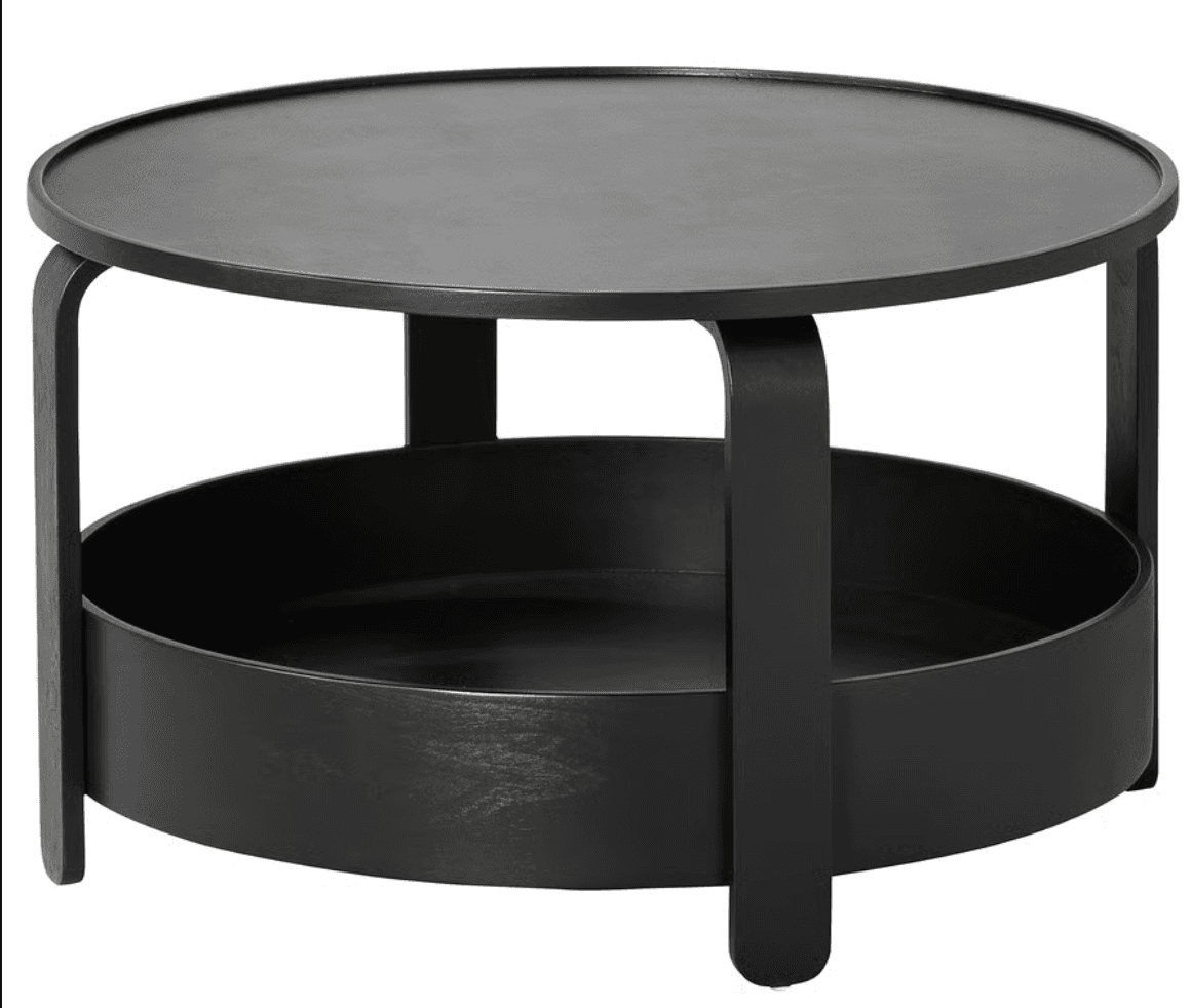 A round, black coffee table featuring a minimalist design with an integrated lower storage shelf. The table is constructed with a circular top and a matching circular shelf beneath, supported by curved, bentwood-style legs that are uniform in color with the rest of the table. The finish is a matte black, suggesting painted wood or laminated material, giving it a sleek and contemporary appearance. — 3D model