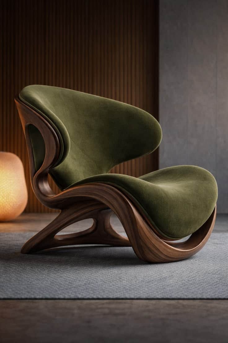 A sculptural lounge chair featuring a dark, fluid wooden frame and plush dark green velvet upholster… — 3D model