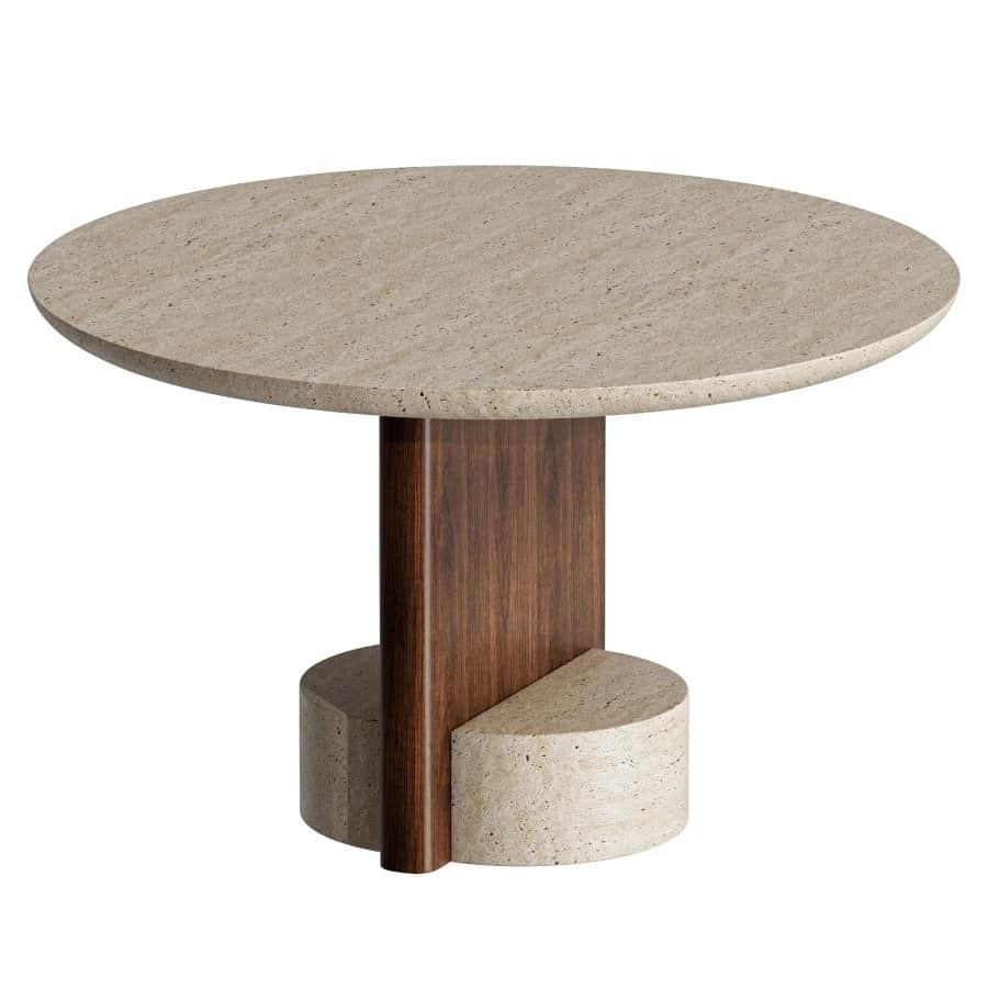 A contemporary round dining table featuring a solid travertine top resting on a distinctive pedestal… — 3D model