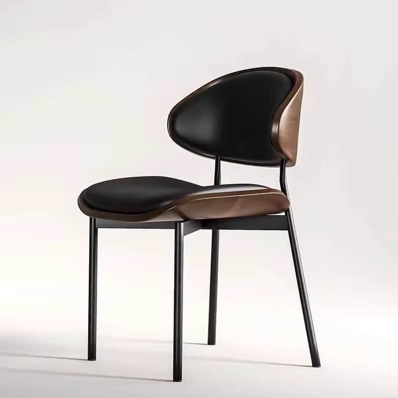 A modern side chair with a curved wooden frame that supports a black upholstered seat and backrest.… — 3D model