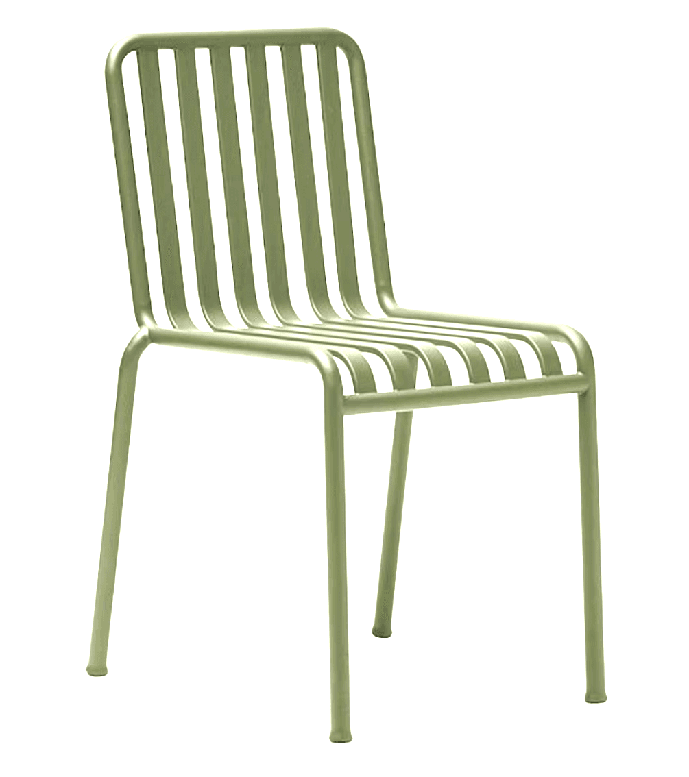 A modern side chair with a minimalist design. The chair features a slatted seat and backrest, with each slat being a curved, elongated piece. The legs are thin and straight, supporting the seat at a right angle. The overall form is sleek and industrial. — 3D model