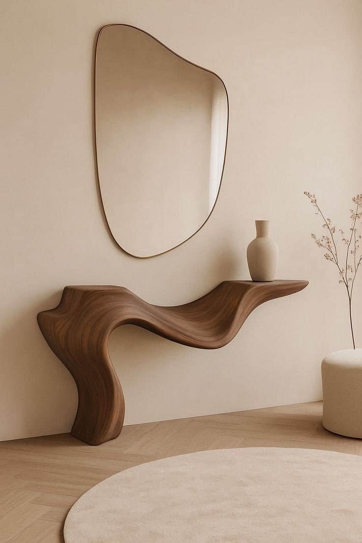 A single, continuous piece of furniture sculpted from dark walnut wood, forming an organic, undulati… — free OBJ 3D model