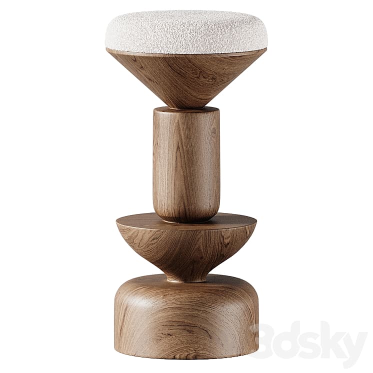 A modern decorative stool featuring a light-colored upholstered top and a pedestal-style base constructed from dark wood with an hourglass-like form. — 3D model