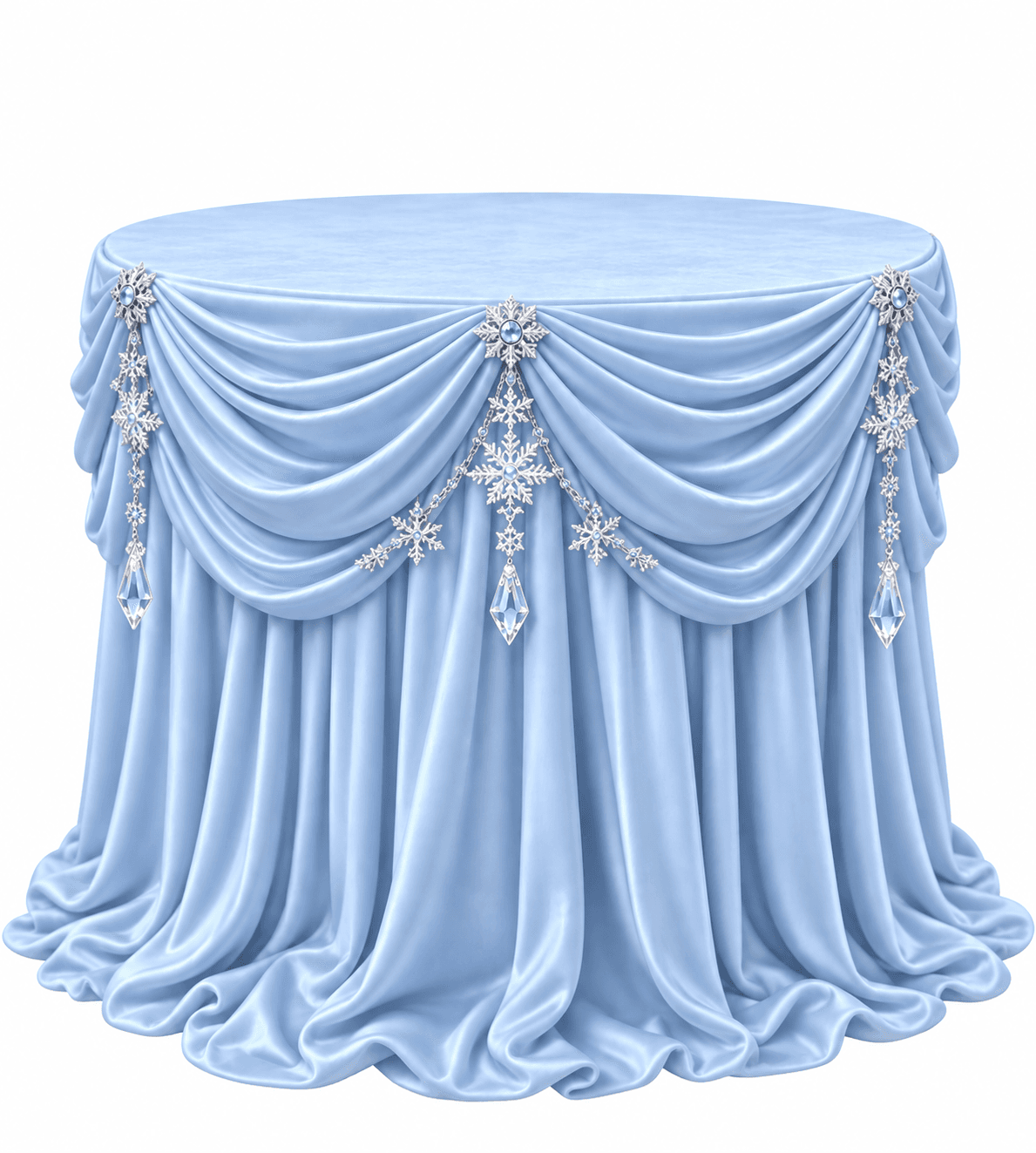 A round table completely covered by a light blue satin fabric drape, which is intricately gathered and swaged around the perimeter. The drapes are adorned with decorative crystal snowflake-like embellishments and hanging clear crystal pendants. The fabric pools elegantly at the base. — 3D model