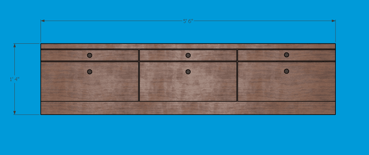 A long, low dark-stained wooden cabinet, likely a sideboard, featuring multiple storage compartments including both drawers and doors, all equipped with small circular black pull handles. The piece has a clean, minimalist design and rests on a recessed plinth base. — 3D model