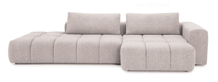 A contemporary modular sectional sofa featuring a chaise lounge on the left, upholstered in a light… — 3D model