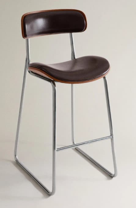 A modern bar stool featuring a chromed metal sled base frame with an integrated footrest. The seat and backrest are formed from contoured wood, upholstered in dark brown faux leather. The design is minimalist and industrial-inspired. — 3D model