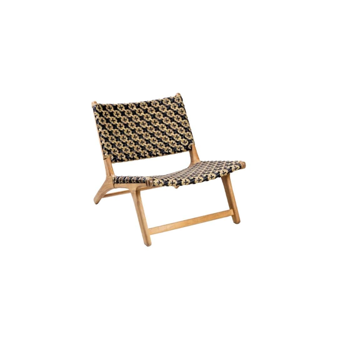 A low-profile lounge chair featuring a light-toned solid wood frame and a distinctive woven seat and… — 3D model