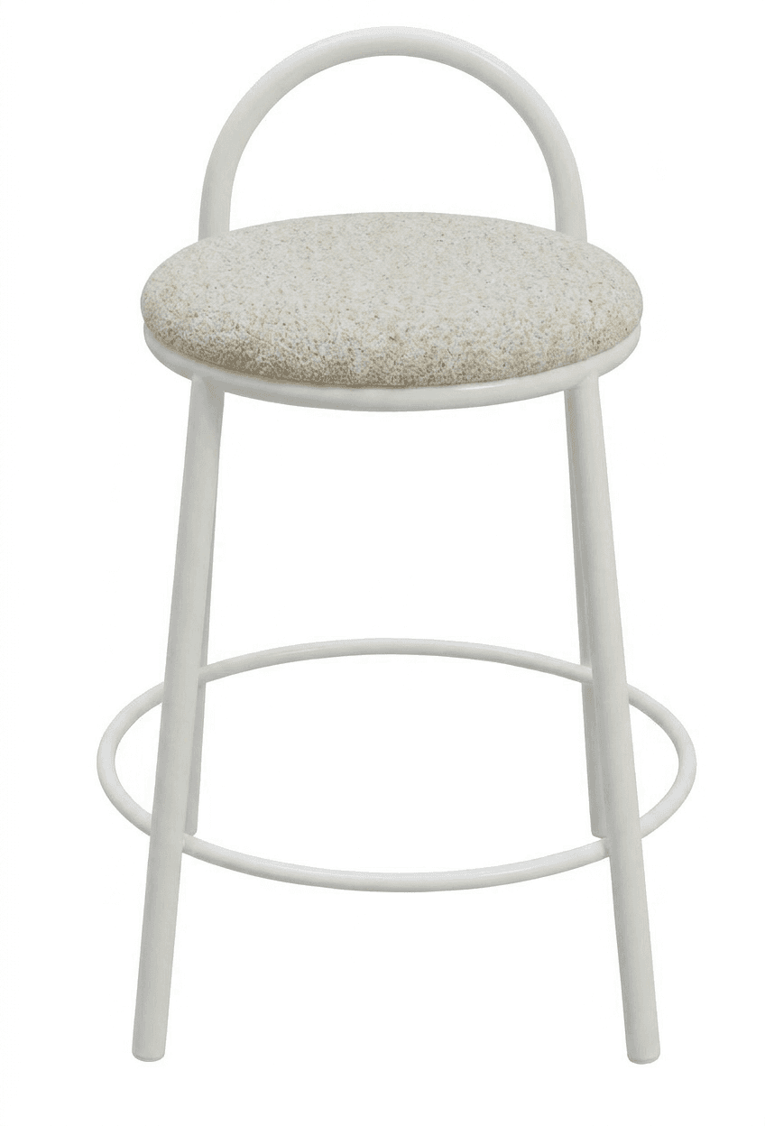 A contemporary bar stool featuring a sleek white metal frame with four tubular legs, a circular footrest, and a curved hoop backrest. The circular seat is upholstered in a light, textured cream or off-white fabric. — 3D model