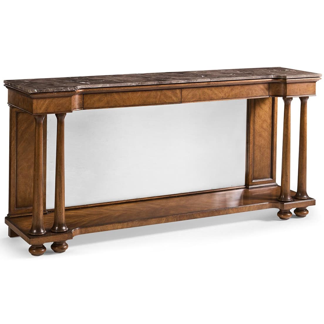 A long, narrow wooden console table with a marble top. It features a mirrored back panel between the top and a lower shelf. The table is supported by four turned wooden legs that resemble columns, with decorative turned feet. The wood grain is visible and appears to be a rich brown hue, possibly walnut, with a polished finish. The marble top has a veined pattern in shades of brown and beige. The overall style suggests a classical or traditional aesthetic. — 3D model