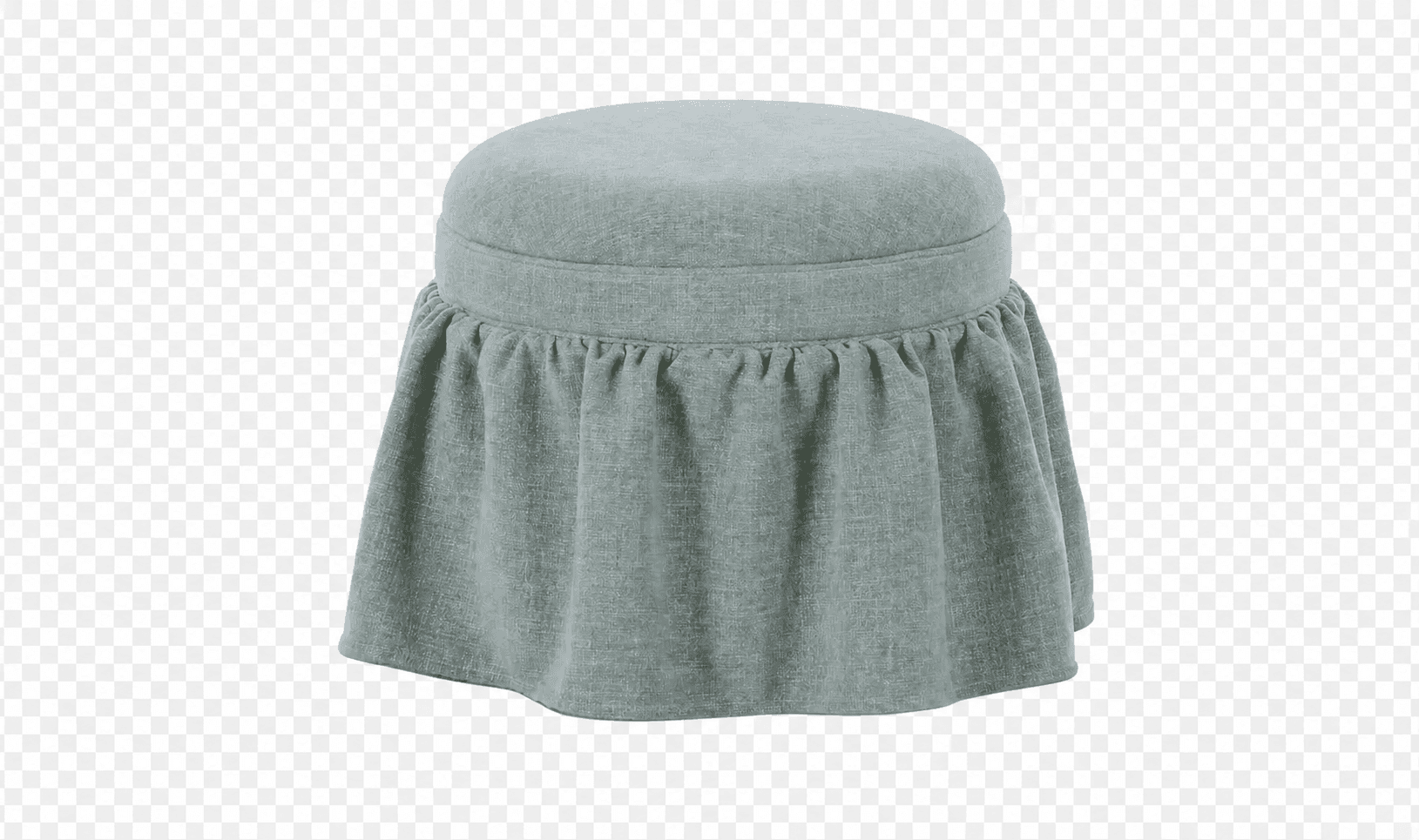A round upholstered ottoman with a ruffled fabric skirt. The top is slightly cushioned and features a subtle horizontal seam detailing. The skirt is gathered, creating soft pleats that drape to the floor, obscuring the base. — 3D model