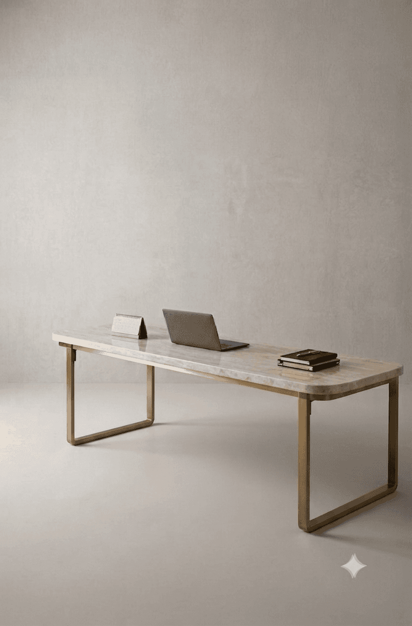 A low, rectangular table featuring a light-toned, possibly travertine, slab top with gently rounded… — free GLB 3D model