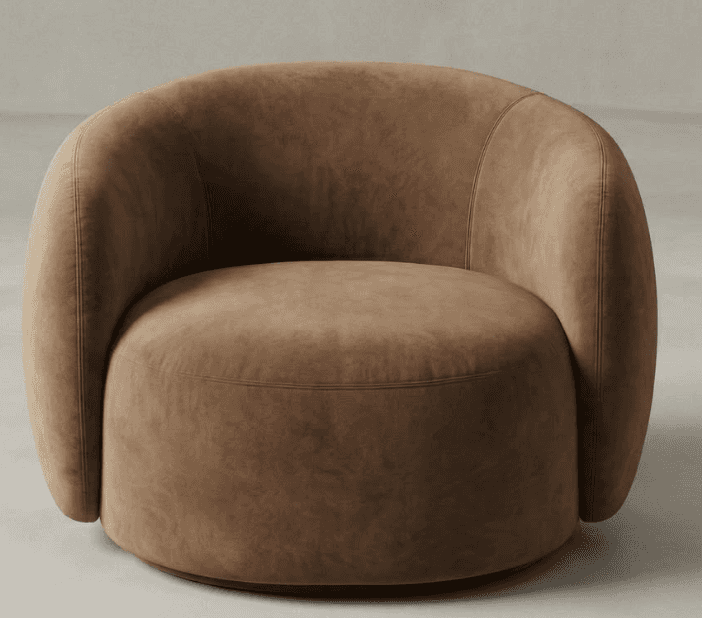A modern, rounded swivel chair featuring a plush, textured upholstery in an earthy brown tone. The c… — 3D model