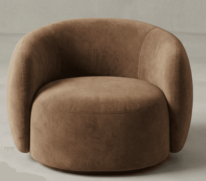 A modern, rounded swivel chair featuring a plush, textured upholstery in an earthy brown tone. The chair has a seamless, barrel-like silhouette with integrated arms and back, and a visible seam defines the top edge of the backrest. The base is a dark, recessed platform, indicating a swivel mechanism. — 3D model