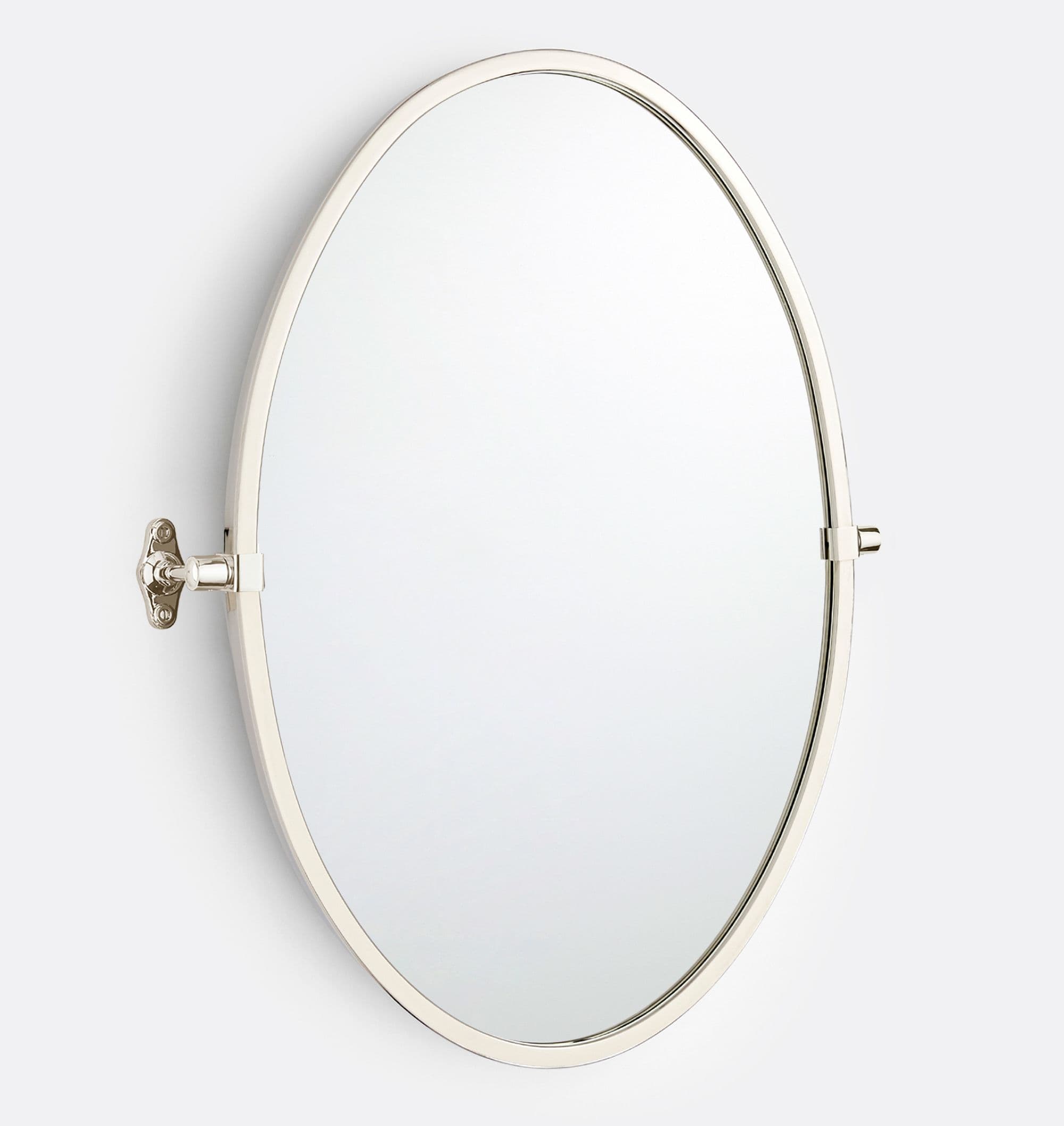 An oval-shaped wall-mounted mirror featuring a slim, polished metal frame and a pivoting mechanism. The mirror is attached to a decorative wall bracket, allowing it to be tilted for adjustable viewing angles. The metallic finish appears to be polished nickel or chrome, providing a sleek and contemporary aesthetic. — 3D model