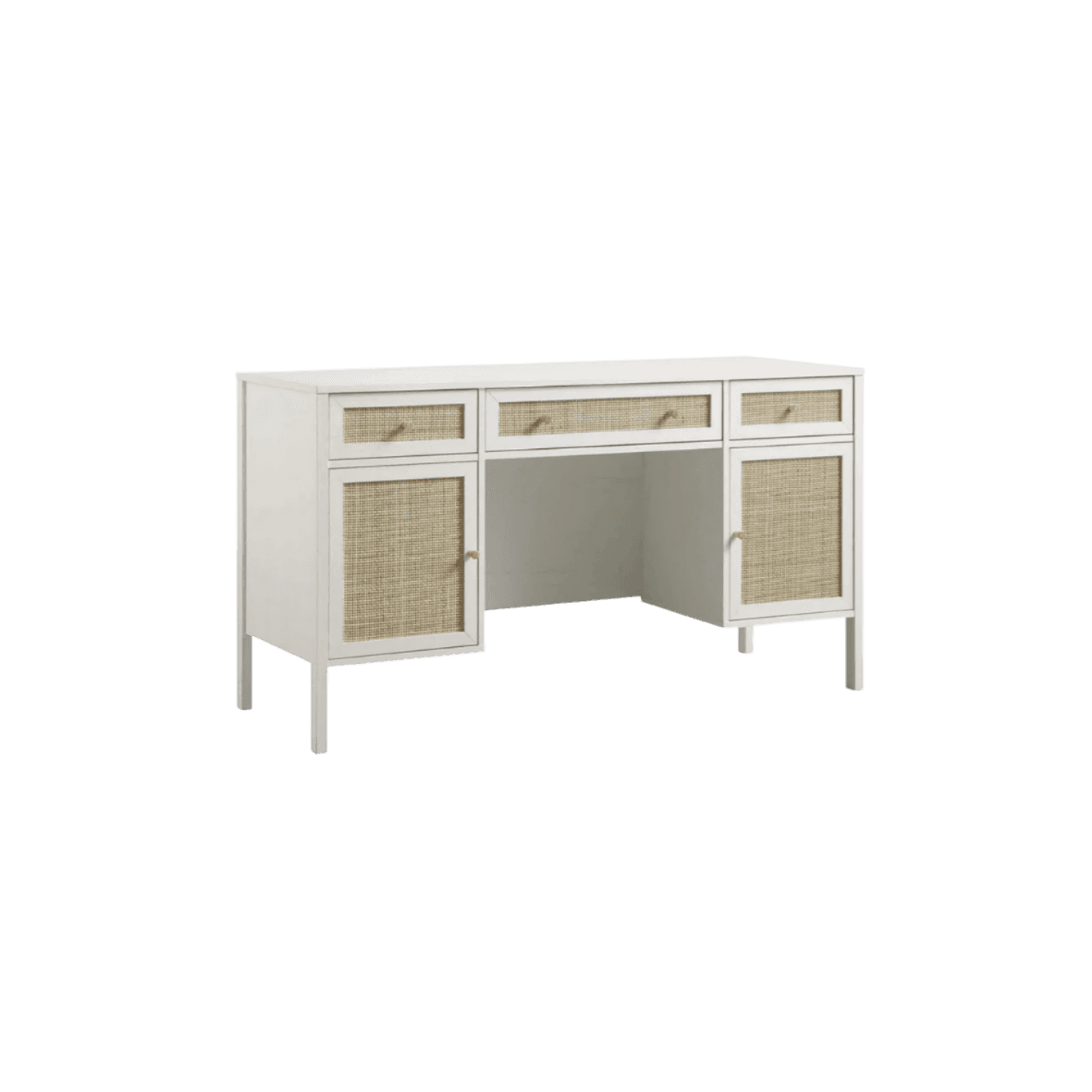 A white painted desk with a woven cane inlay on the drawer fronts and cabinet doors. It features a s… — 3D model