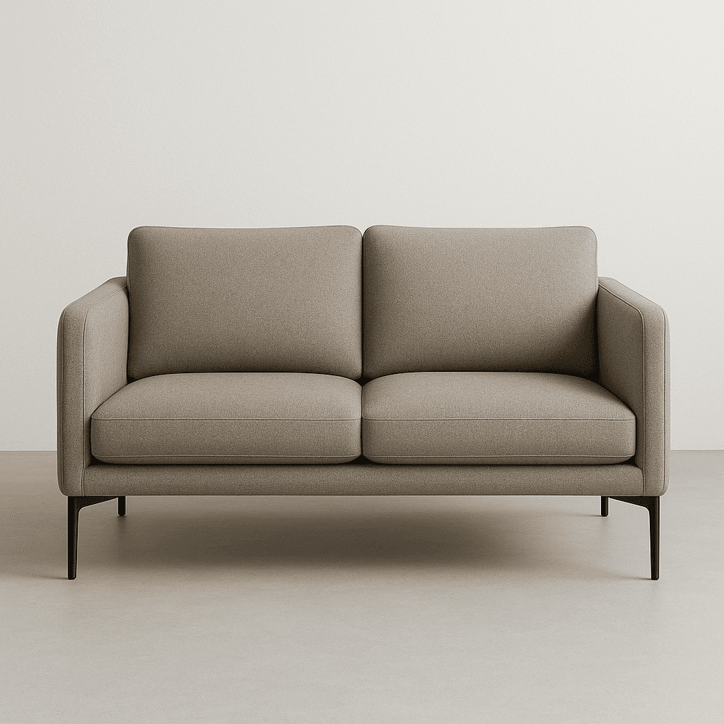 A contemporary two-seater sofa with a low profile and clean lines. It features a fabric upholstery i… — free GLTF 3D model
