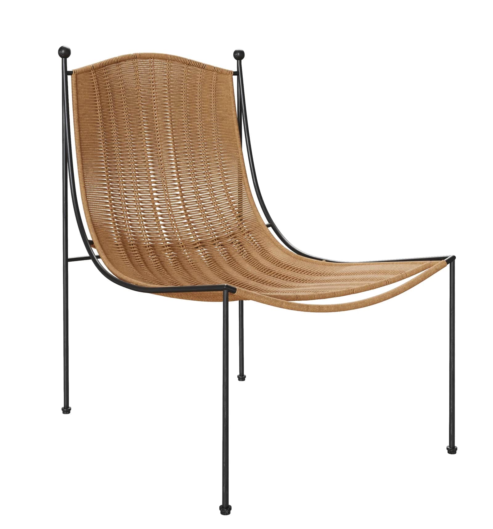 A contemporary lounge chair featuring a minimalist black tubular metal frame and a wide, intricately… — 3D model