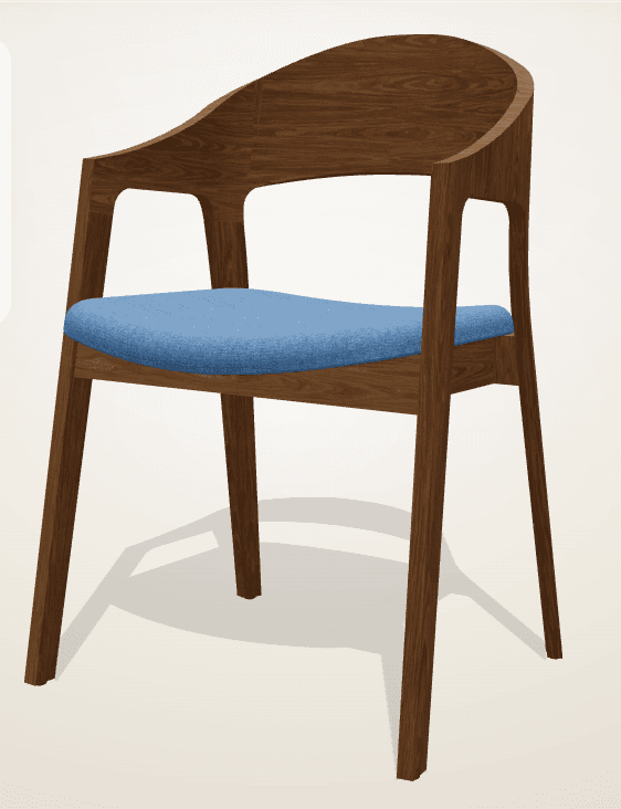 A modern armchair featuring a curved, integrated backrest and armrests crafted from a medium-dark, walnut-toned wood. The chair has a supportive upholstered seat covered in a light blue fabric. Its four straight, slightly tapered wooden legs provide a stable base, contributing to its minimalist and contemporary aesthetic. — 3D model