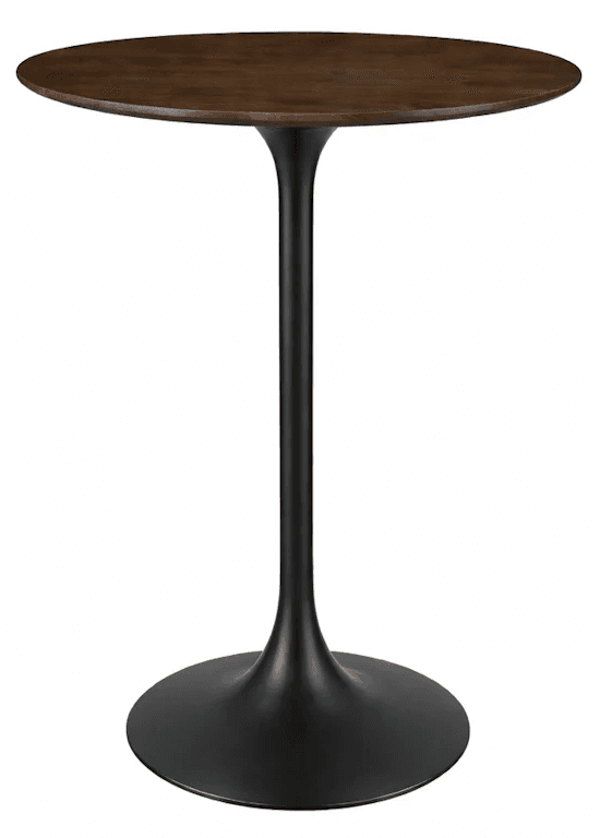 A round bar table with a dark wood top and a matte black pedestal base. The pedestal features a flared stem that widens to a circular, flat base. — 3D model