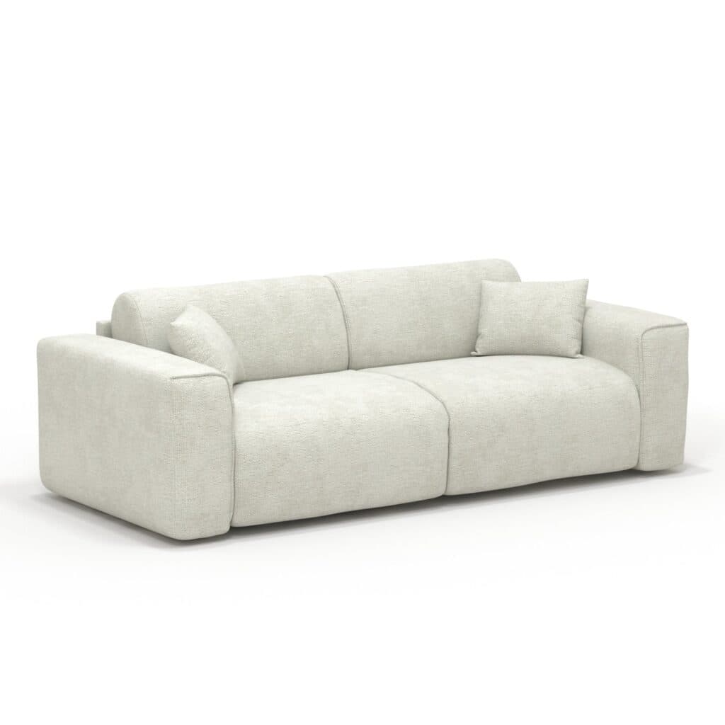 A contemporary three-seater sofa upholstered in a light beige, textured fabric. It features a low-profile design with thick, straight track arms, three distinct seat cushions, and integrated back cushions. Two small square accent pillows are included. — 3D model