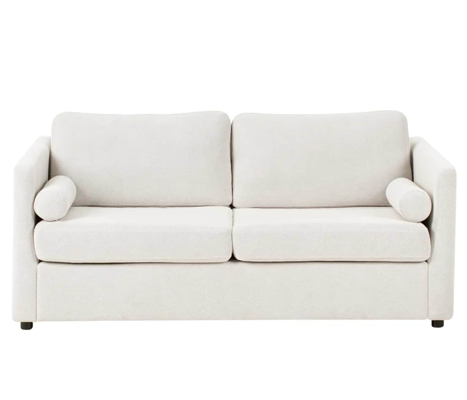 A two-seater sofa with upholstered cushions and arms. It features two rectangular back cushions and… — 3D model