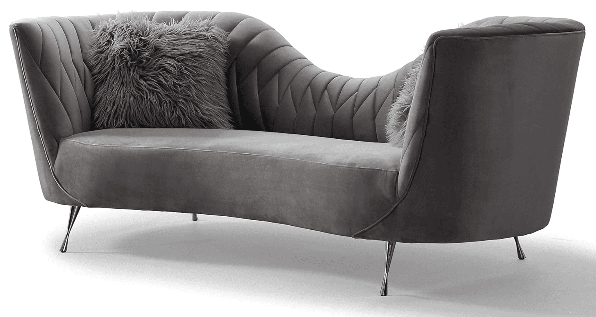 A contemporary grey velvet chaise lounge with a curved back and armrest. The backrest features a dia… — 3D model