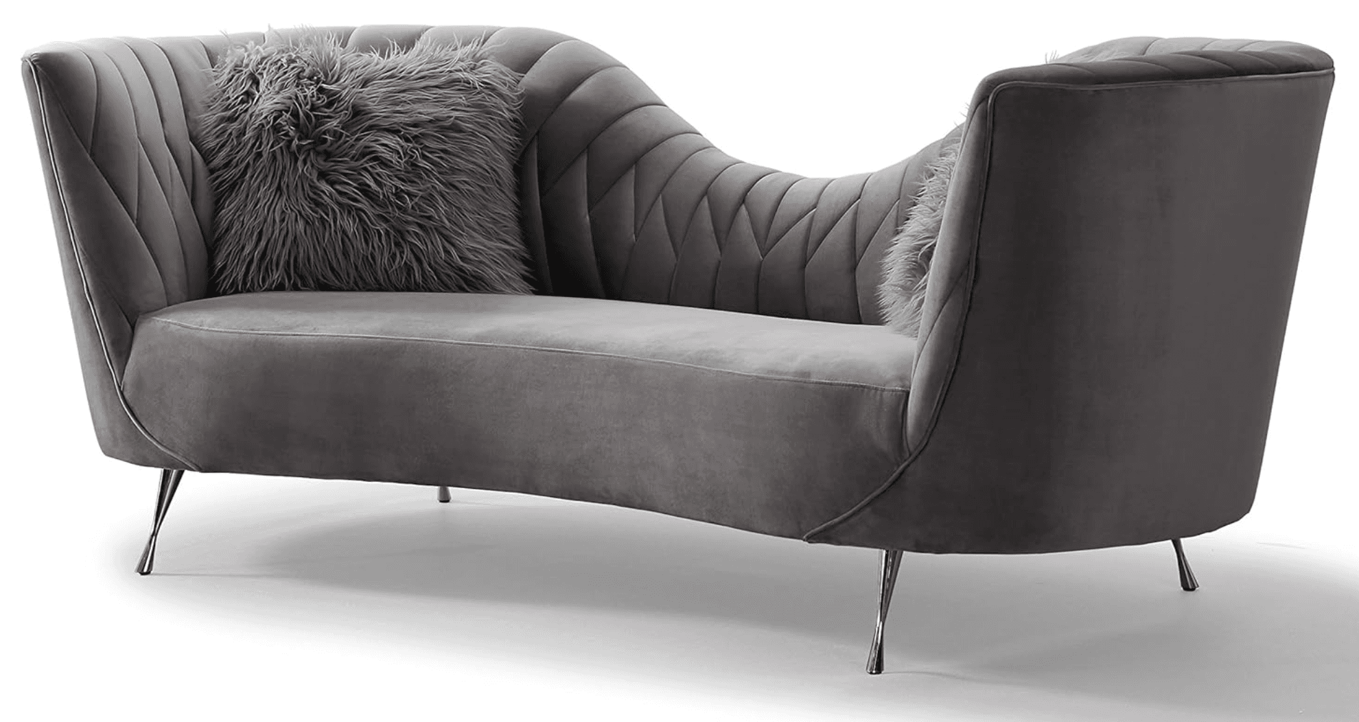 A contemporary grey velvet chaise lounge with a curved back and armrest. The backrest features a diamond tufted pattern with vertical channel tufting on the sides. It is supported by four slender, chrome-finished legs. Two grey faux fur accent pillows are placed on the chaise. — 3D model