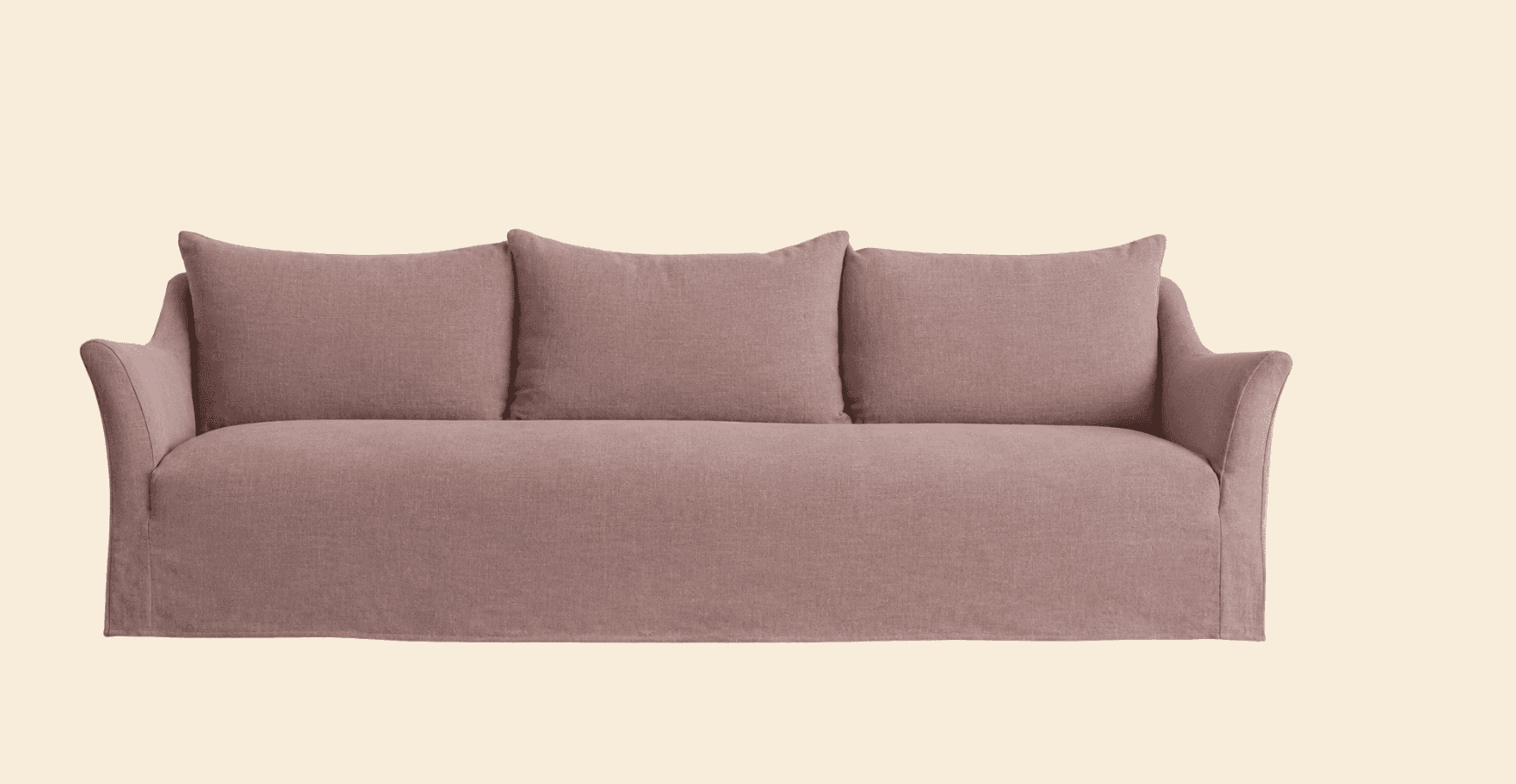A three-seater sofa with a visible full-length slipcover in a mauve, textured fabric, featuring thre… — 3D model