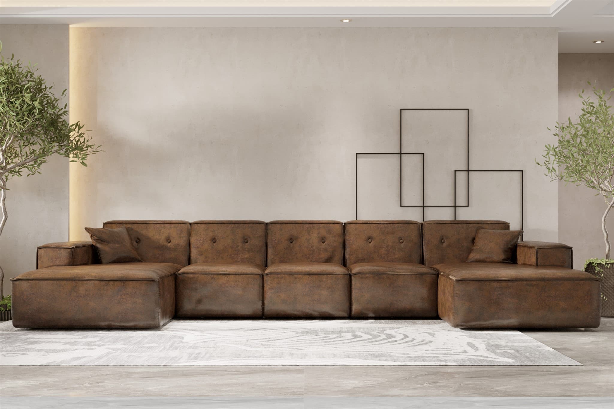 A large, sectional sofa composed of multiple modular units. The sofa features a low profile with deep seats and plush cushions. It has a tufted backrest and seats, with accent pillows on the ends. The overall design suggests a contemporary or transitional style. — 3D model