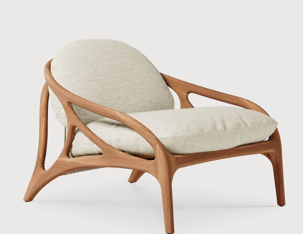 A modern armchair with a distinctive organic-inspired wooden frame. The frame features curved, flowi… — 3D model