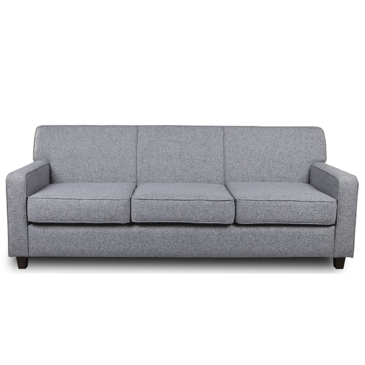 A contemporary three-seater sofa upholstered in a light grey woven fabric. The sofa features a rectangular shape with three individual seat cushions and three corresponding back cushions, all defined by piped edges. It has straight track arms that align with the backrest. The base is simple, supported by dark, low-profile block feet that are subtly visible at the front. — 3D model