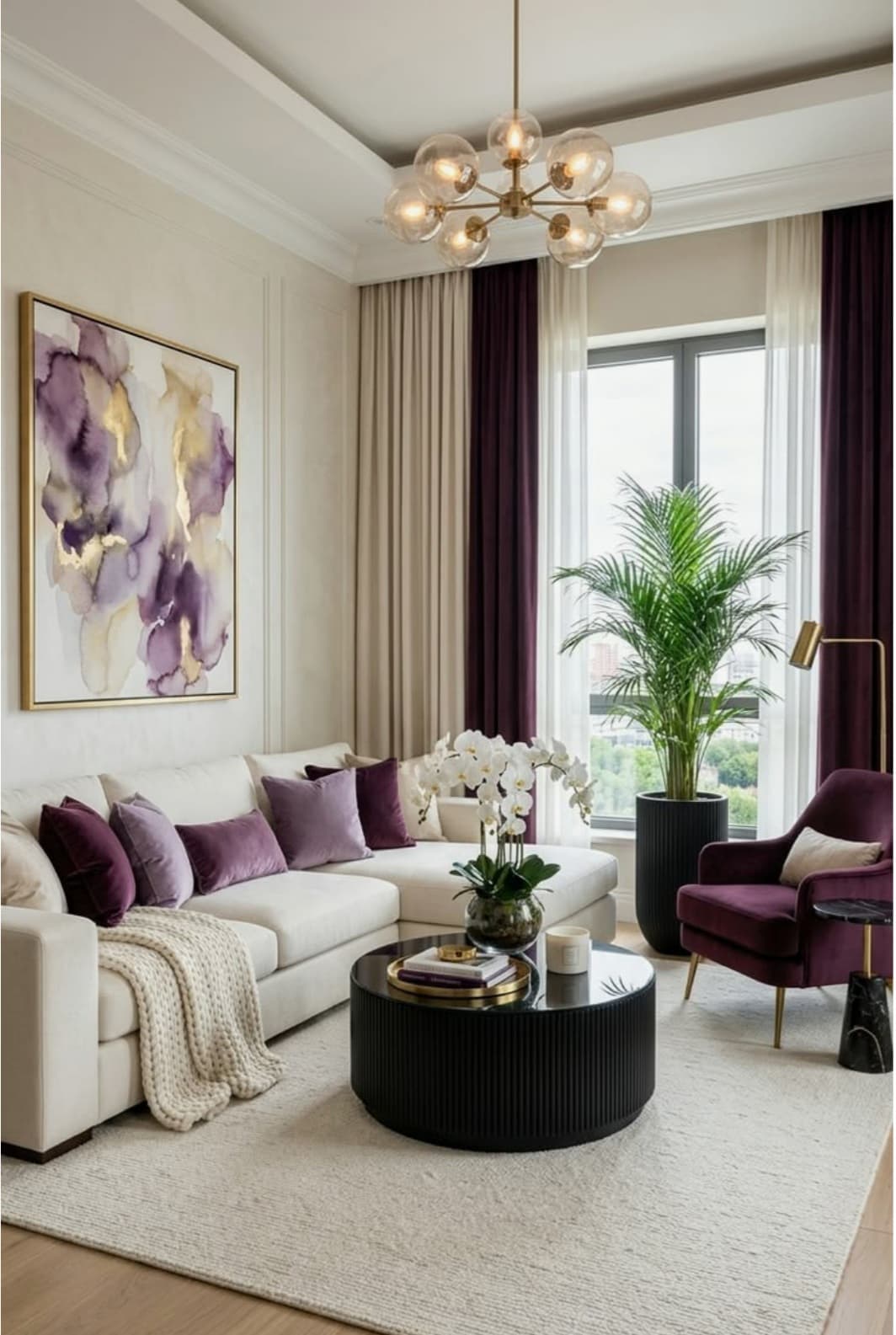 A modern brass chandelier featuring a central stem from which multiple arms extend in a sputnik-style configuration. Each arm supports a clear spherical glass shade encasing an exposed filament-style light bulb. The fixture has a warm, metallic finish, likely brass or a brass-tone, providing ambient lighting to the room. — 3D model