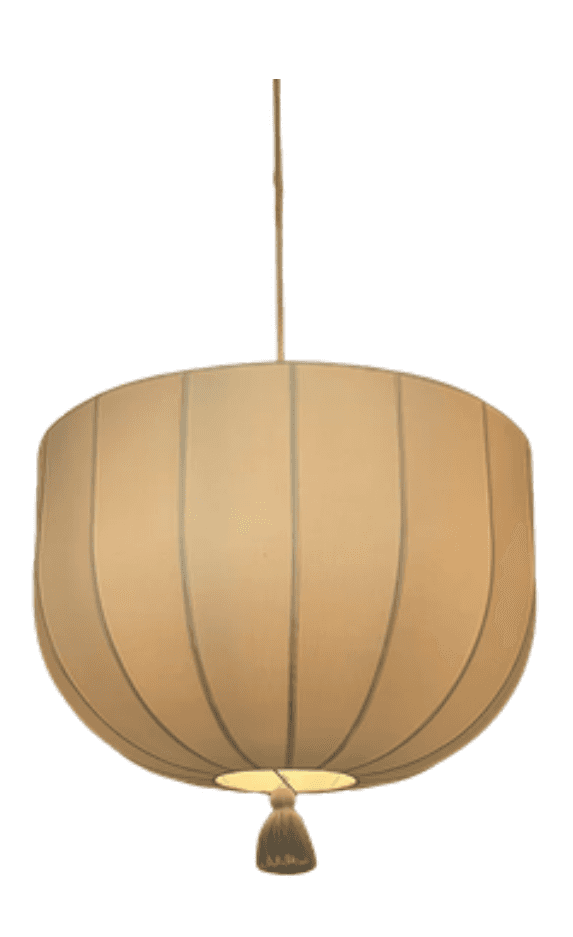 A pendant light fixture featuring a drum-shaped shade with vertical pleats or seams. The shade appea… — 3D model